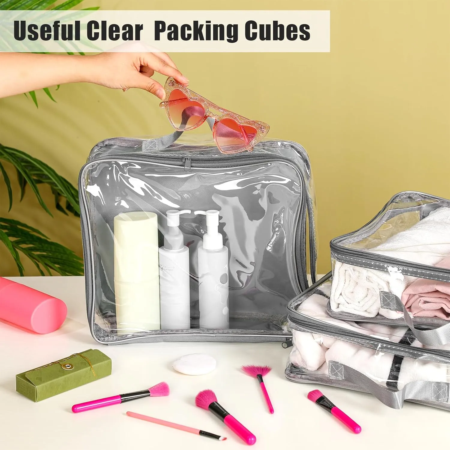 6 Pieces Large Clear Travel Packing Cube Clear Vinyl Zippered Storage Bags See Through Moving Bag PVC Multipurpose Pouch with Handle for Suitcase Shirts Dress Storage (Gray, 11.8 x 10.2 x 3.9 Inch)
