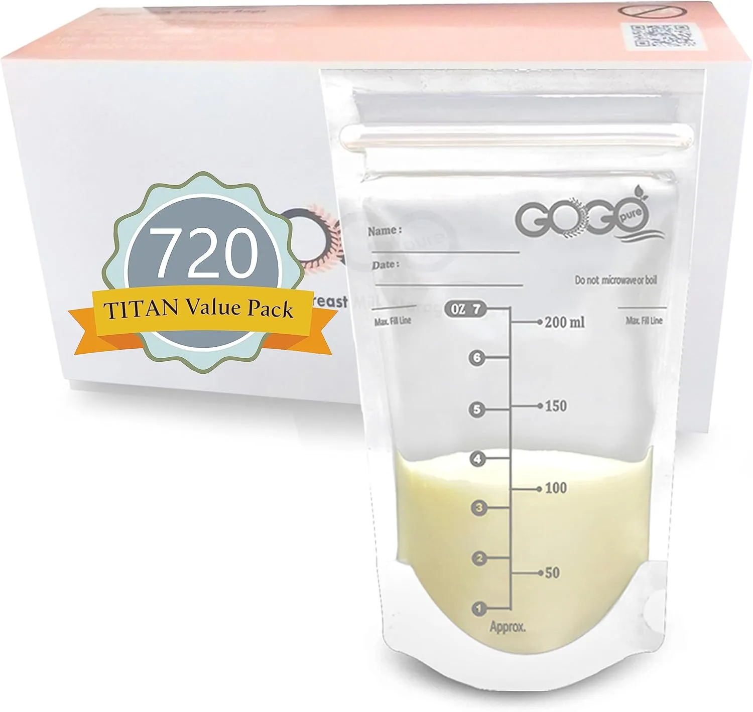 720 CT- Titan Value Pack Breastfeeding Breastmilk Storage Bags - 7 OZ, EACH PRE-STERILIZED By Gamma Ray, BPA Free, Leak Proof Storing Double Zipper Seal, Self Standing, for Refrigeration and Freezing
