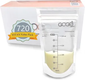 720 CT- Titan Value Pack Breastfeeding Breastmilk Storage Bags - 7 OZ, EACH PRE-STERILIZED By Gamma Ray, BPA Free, Leak Proof Storing Double Zipper Seal, Self Standing, for Refrigeration and Freezing