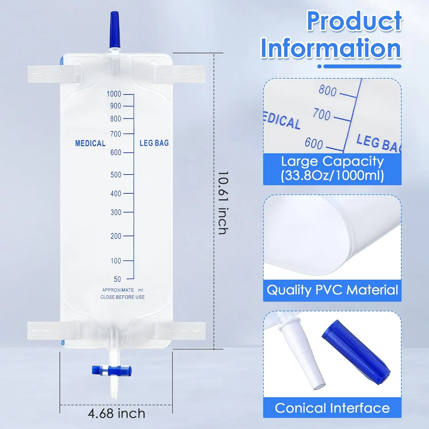 8 Pack 33.8oz/1000ml Leg Bag Urinary Drainage Bag with Cloth Straps, Leg Catheter with Anti Reflux Valve for Men Bladder Control, Urine Collection Catheter for Male, Easy Flip Drain