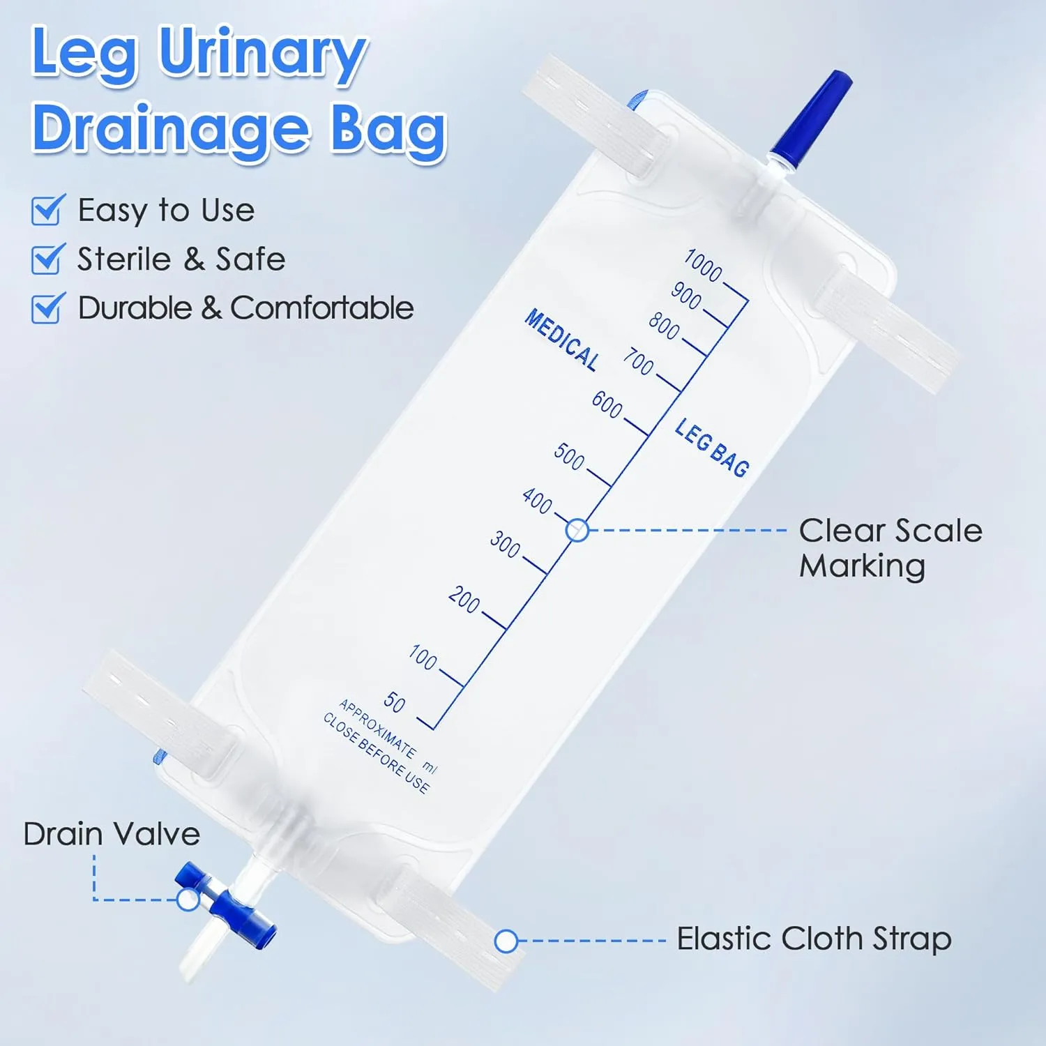 8 Pack 33.8oz/1000ml Leg Bag Urinary Drainage Bag with Cloth Straps, Leg Catheter with Anti Reflux Valve for Men Bladder Control, Urine Collection Catheter for Male, Easy Flip Drain