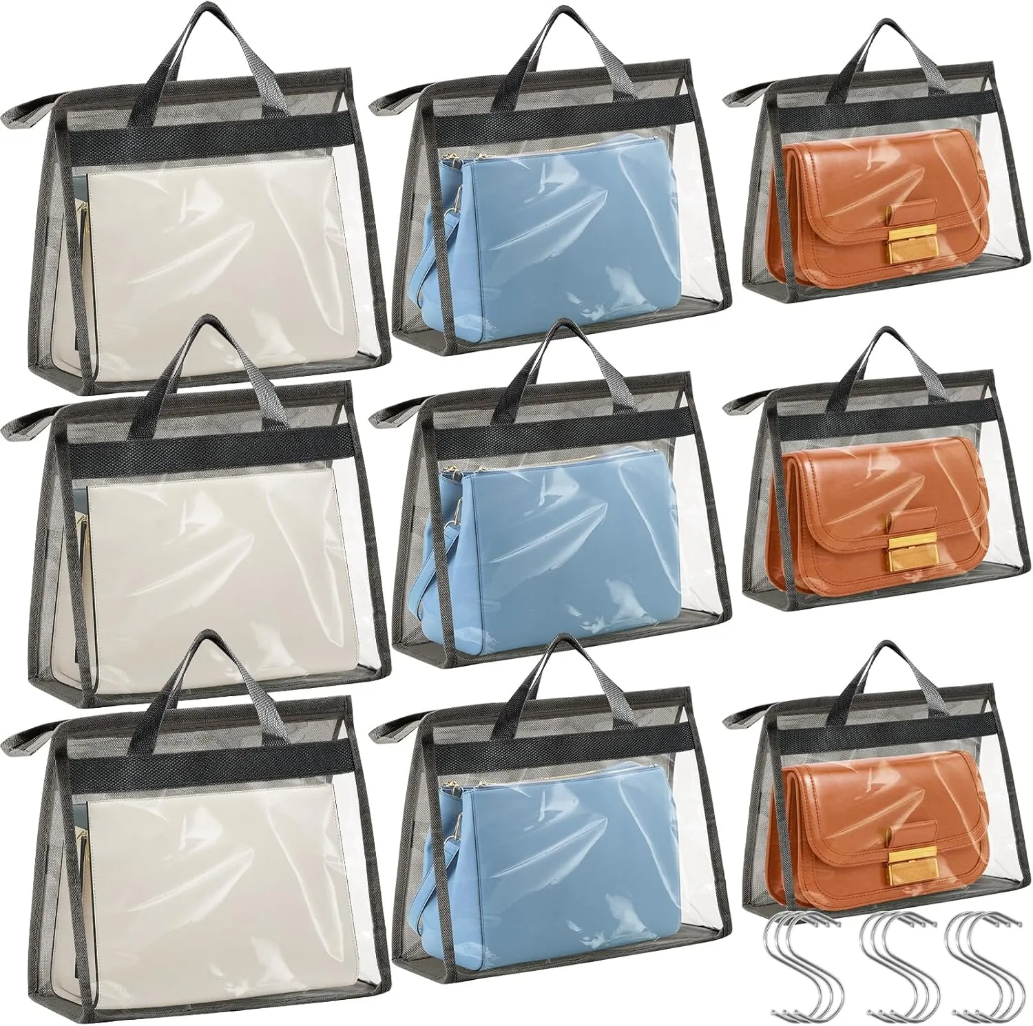 9 Pieces Storage Organizer for Handbags,3 Sizes Dust Bags for Handbag Storage,Clear Handbag Storage Bag with Zipper and Handles,Dustproof & Moistureproof (Gray)