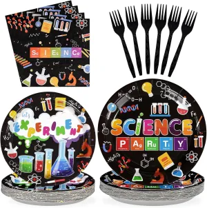 96 Pcs Science Party Supplies 350 GSM Science Plates and Napkins Disposable Tableware Set Mad Scientist Dinnerware for Kids Little Scientist Decoration Favors Serves 24