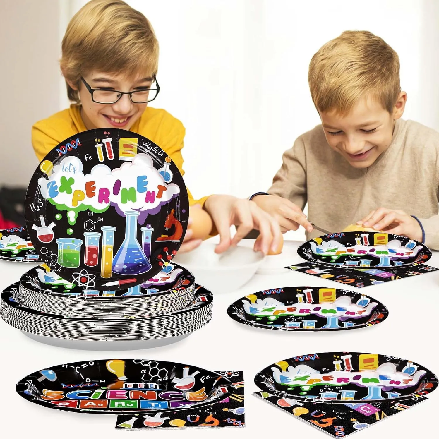 96 Pcs Science Party Supplies 350 GSM Science Plates and Napkins Disposable Tableware Set Mad Scientist Dinnerware for Kids Little Scientist Decoration Favors Serves 24