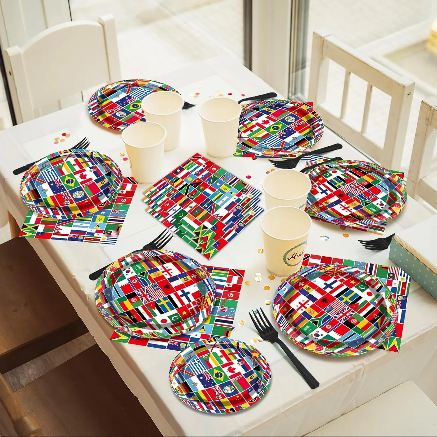 96Pcs International World Flags Party Supplies Country Flag Paper Plates Napkins Travel Trip Around the Globe Party Decorations World Flag Dinnerware Party Favor for Birthday Party Tableware Serves 24