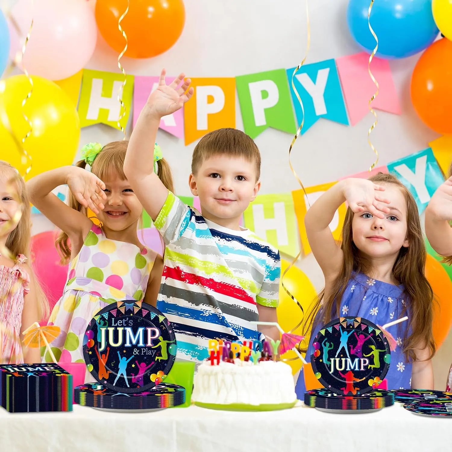96Pcs Jump Party Supplies Lets Jump Paper Plates Napkins Trampoline Party Decorations Jumping Theme Birthday Dinnerware Party Favor Baby Shower Tableware Serves 24