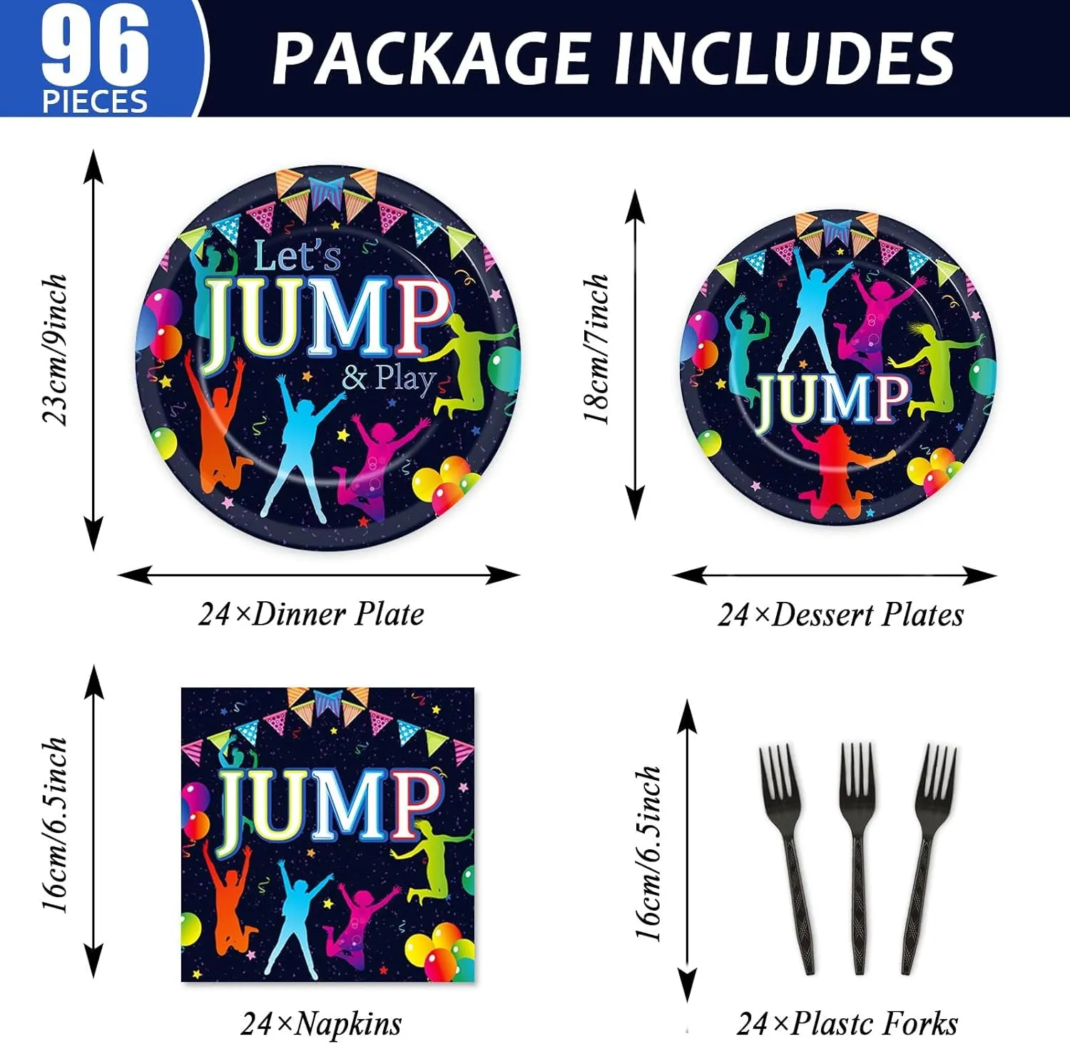 96Pcs Jump Party Supplies Lets Jump Paper Plates Napkins Trampoline Party Decorations Jumping Theme Birthday Dinnerware Party Favor Baby Shower Tableware Serves 24