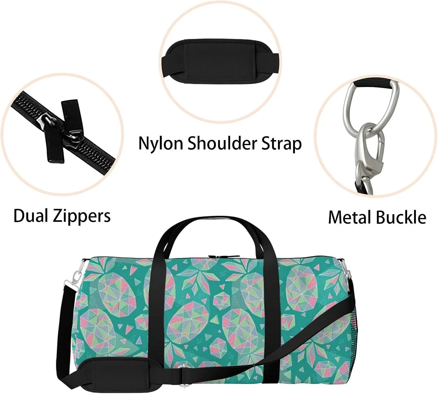 Abstract Geometric Pineapples Sports Duffel Bag Travel Gym Tote Bags Lightweight Durable Shoulder Strap Waterproof Polyester Outside Mesh Pocket Overnight Trip Duffel Bag for Women Men