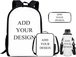 Add Your Design Backpack for Boys Girls Trendy School Backpack with Lunch Bag Pencil Case and Water Bottle Holder Kids Bookbag Daypack Novelty School Bags for Elementary Middle School