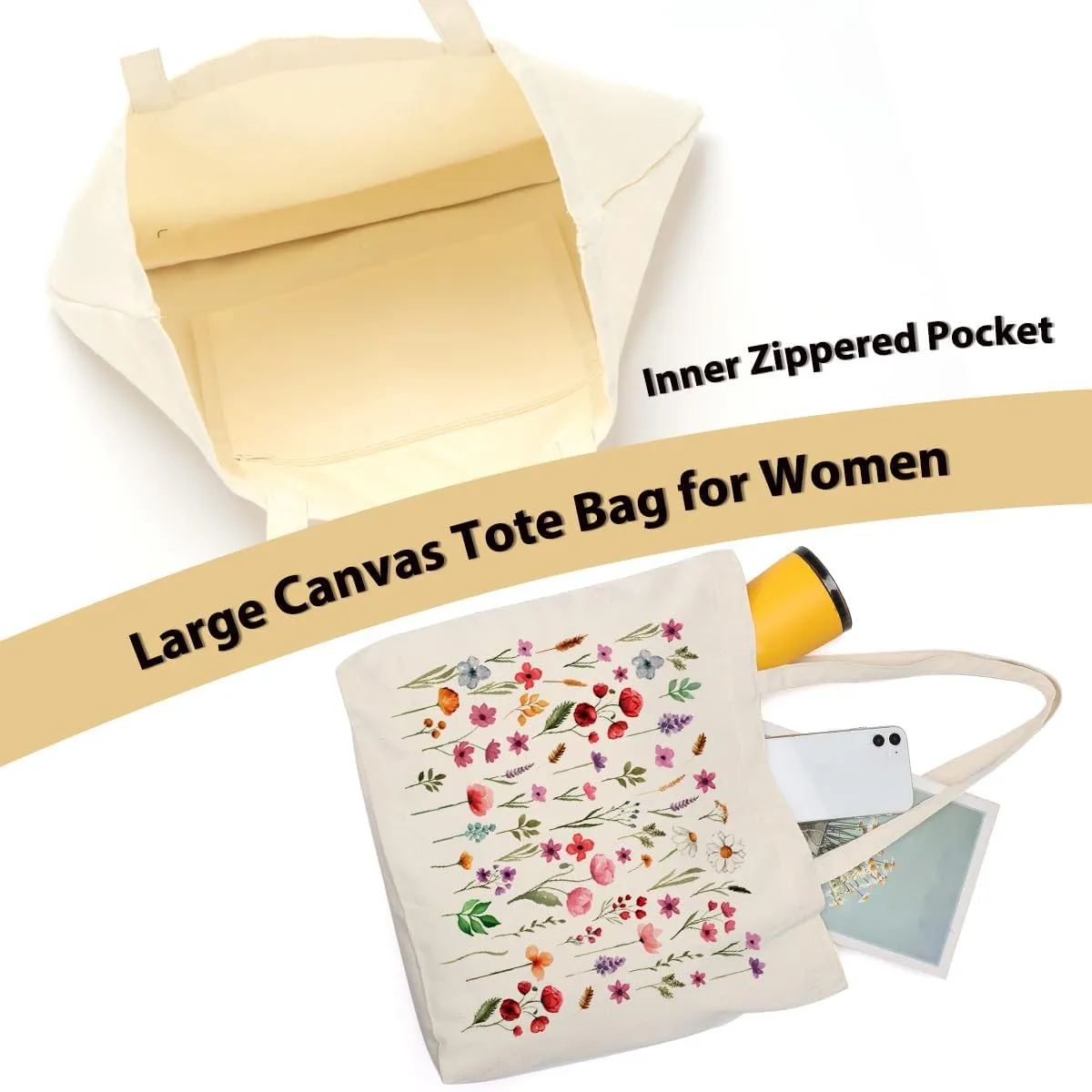 Aesthetic Floral Canvas Tote Bag for Women with Pocket, Tote Bags for Grocery Shopping Work Gym Christmas Birthday