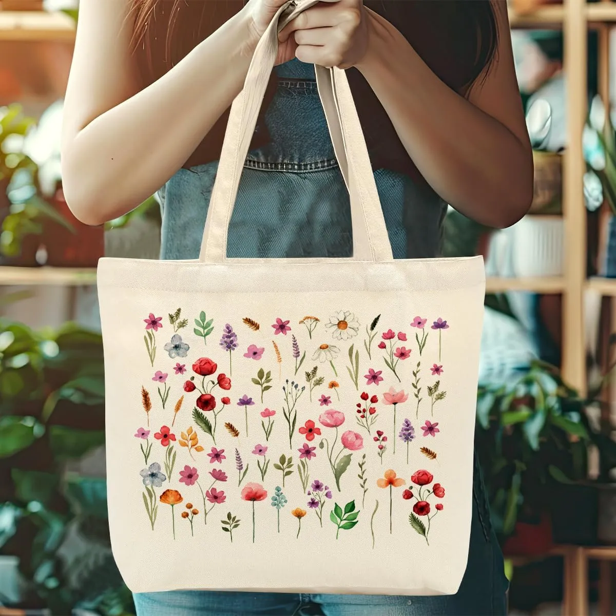 Aesthetic Floral Canvas Tote Bag for Women with Pocket, Tote Bags for Grocery Shopping Work Gym Christmas Birthday