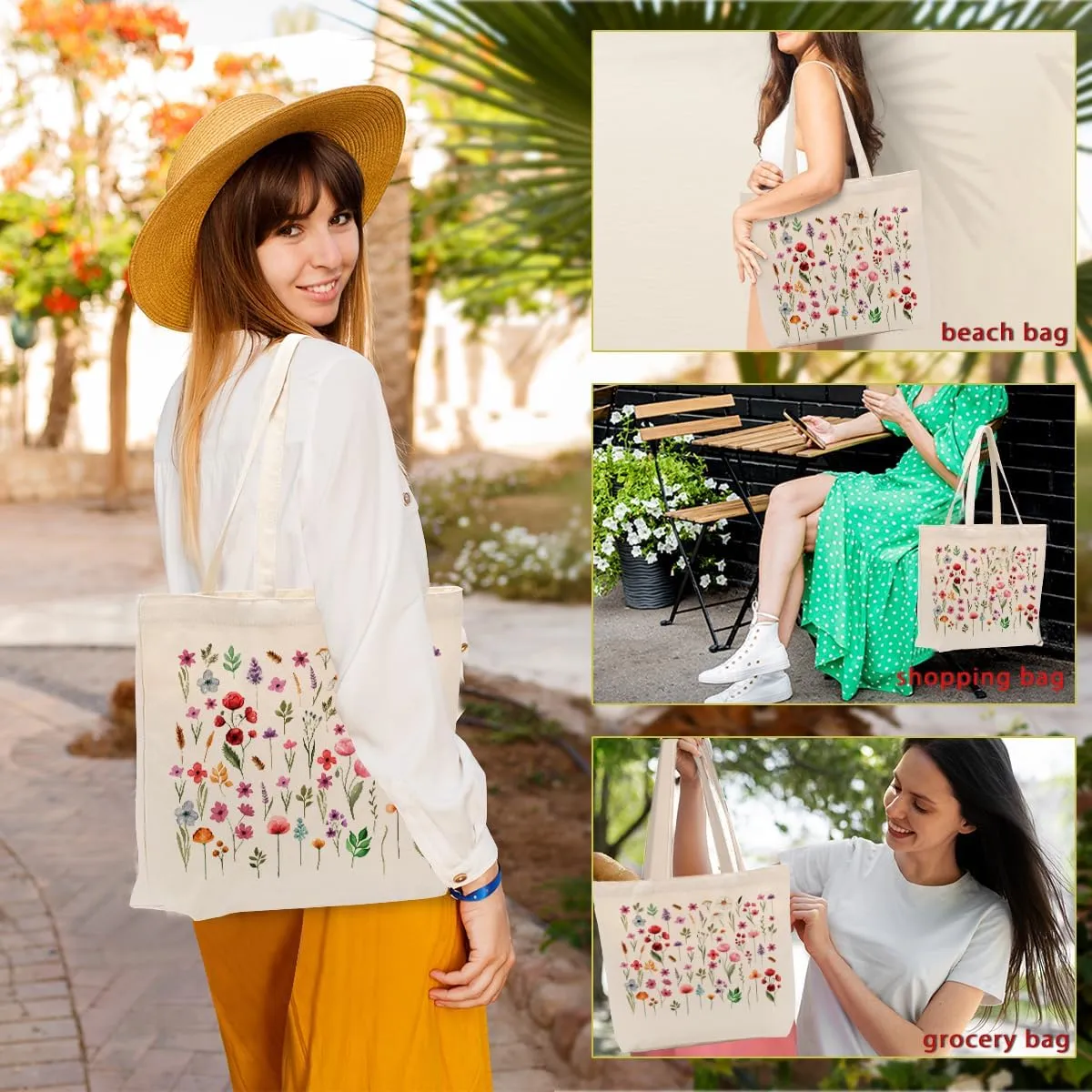 Aesthetic Floral Canvas Tote Bag for Women with Pocket, Tote Bags for Grocery Shopping Work Gym Christmas Birthday