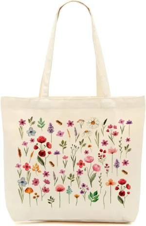 Aesthetic Floral Canvas Tote Bag for Women with Pocket, Tote Bags for Grocery Shopping Work Gym Christmas Birthday