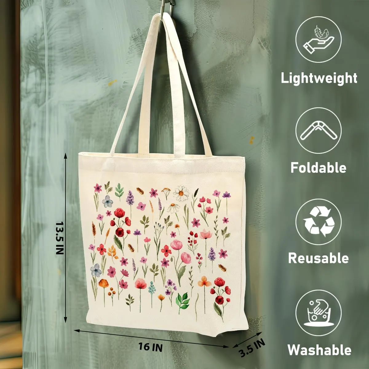 Aesthetic Floral Canvas Tote Bag for Women with Pocket, Tote Bags for Grocery Shopping Work Gym Christmas Birthday