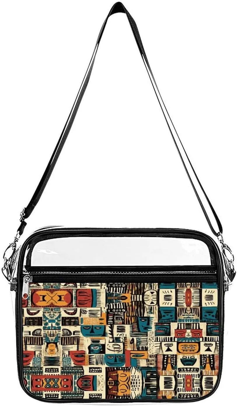 African Aesthetic Masks Clear Crossbody Bags Shoulder Bag Messenger Purse for Stadium Concerts Sports Events