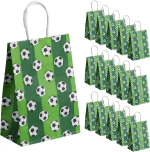 AIEX 16pcs Soccer Party Favor Pack, Football Themed Paper Bags with Handles, Goodie Bags for Kids & Adults Birthday Parties (Dark Green)
