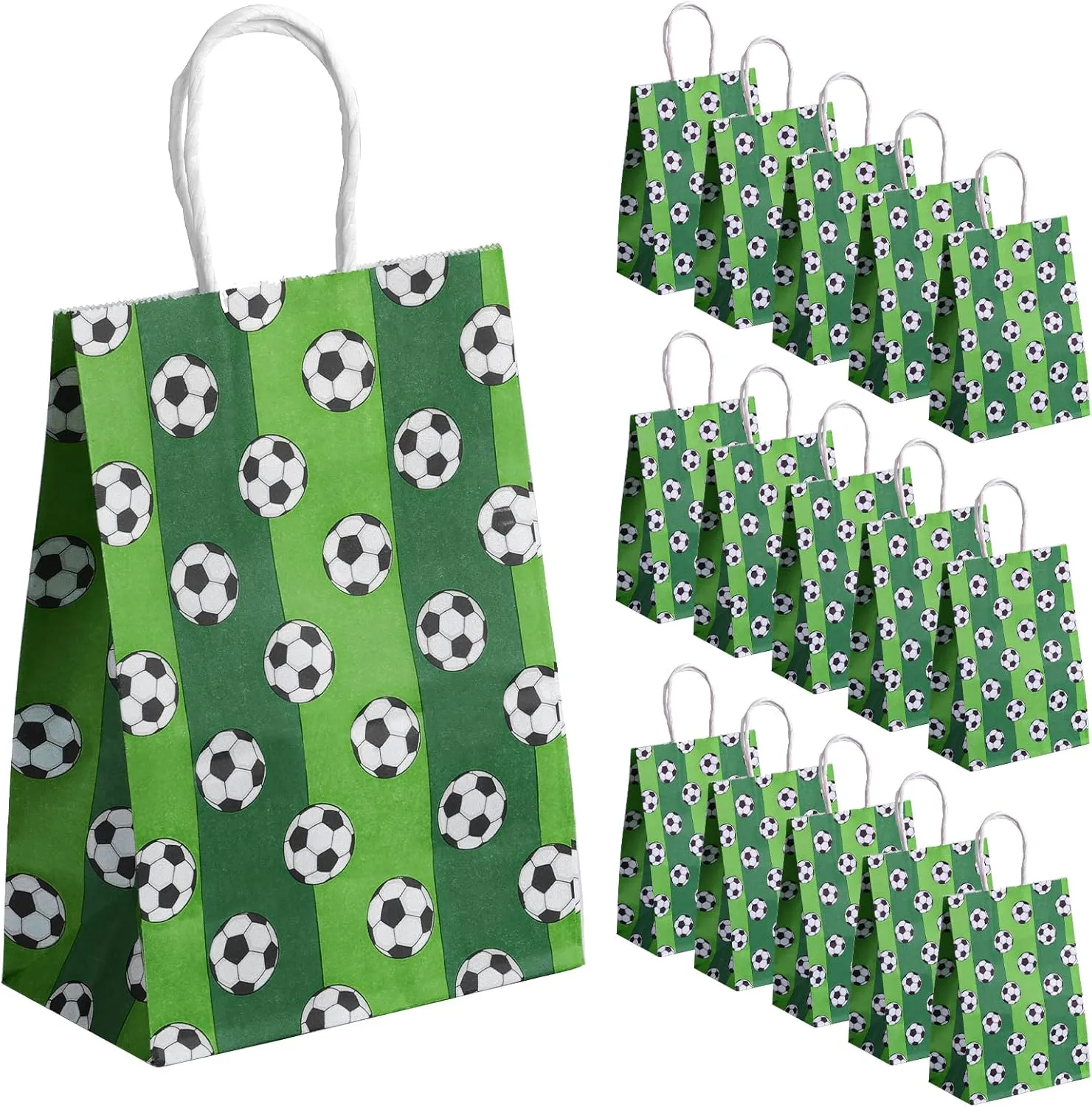 AIEX 16pcs Soccer Party Favor Pack, Football Themed Paper Bags with Handles, Goodie Bags for Kids & Adults Birthday Parties (Dark Green)