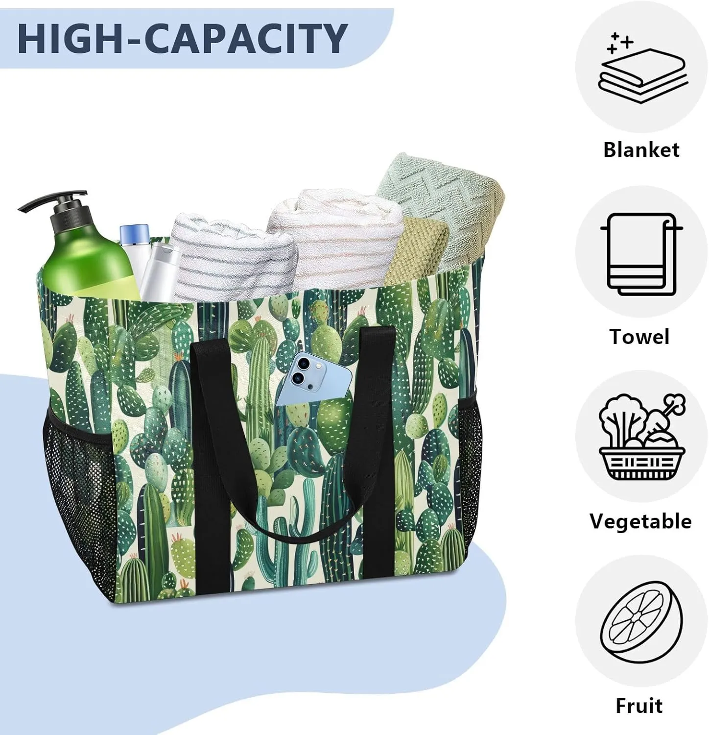 ALAZA Cacti Succulents Floral Tropical Waterproof Beach Tote Bags