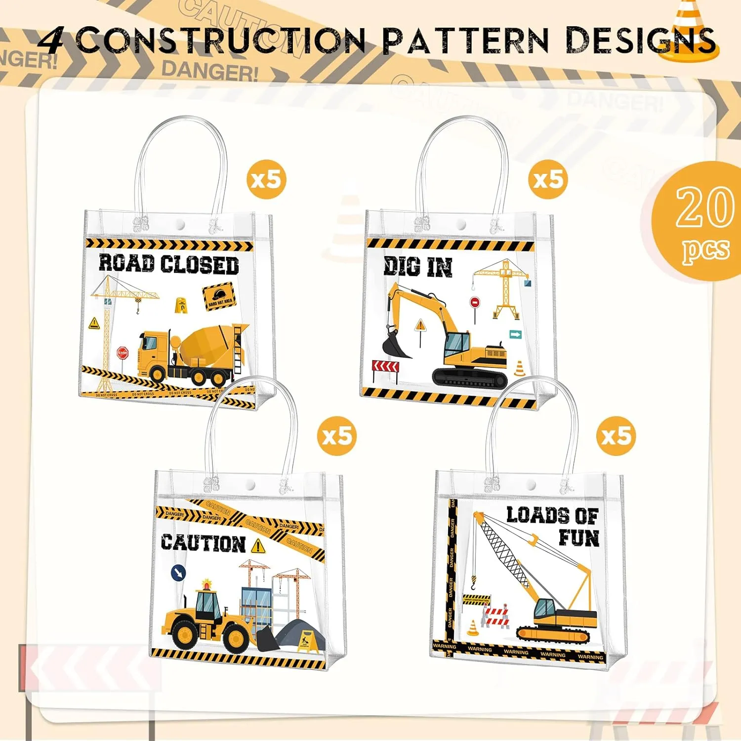 Aliceset 20 Pcs Construction Party Goodie Bags with Handles Construction Themed Party Favors Truck Theme Treat Bags for Birthday Decoration Baby Shower Supplies, 8 x 8 x 3.15 Inch