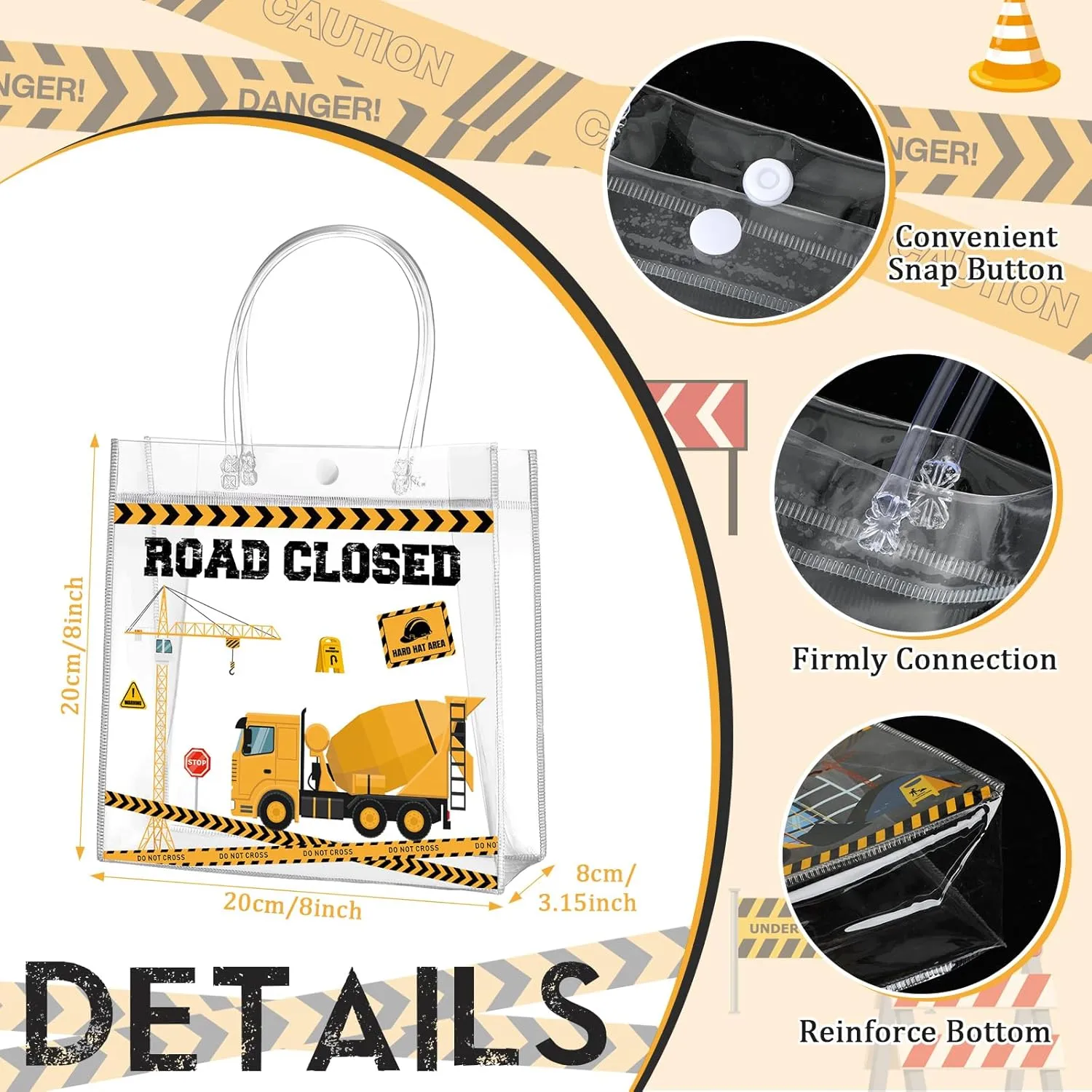 Aliceset 20 Pcs Construction Party Goodie Bags with Handles Construction Themed Party Favors Truck Theme Treat Bags for Birthday Decoration Baby Shower Supplies, 8 x 8 x 3.15 Inch