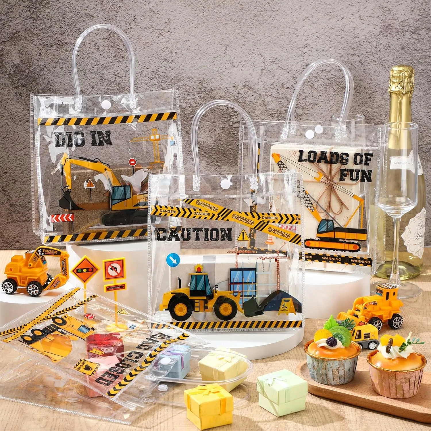 Aliceset 20 Pcs Construction Party Goodie Bags with Handles Construction Themed Party Favors Truck Theme Treat Bags for Birthday Decoration Baby Shower Supplies, 8 x 8 x 3.15 Inch