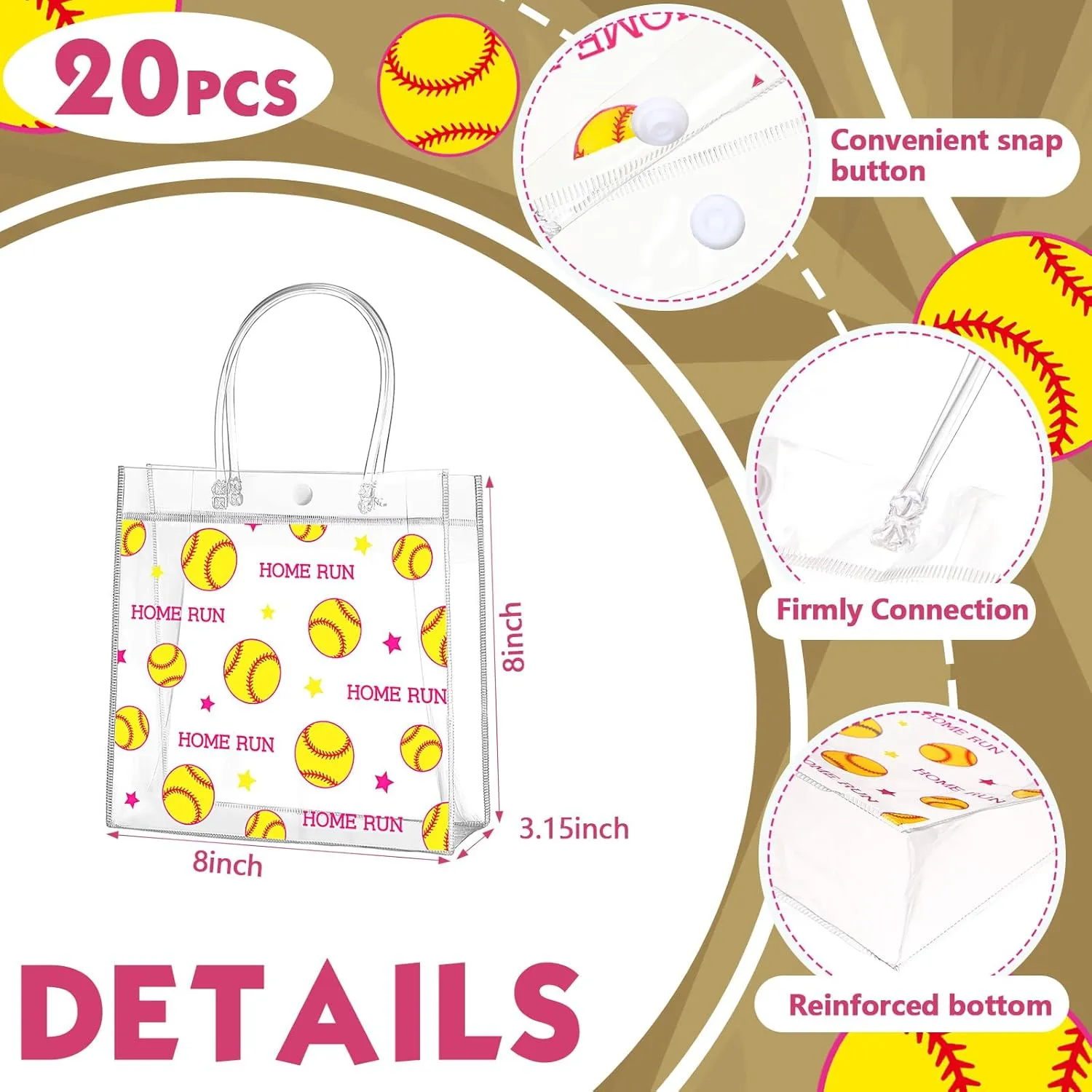 Aliceset 20 Pcs Softball Clear Gift Bag with Handles Plastic Soft Ball Goodie Sport Theme Party Favor Team Treat Bag for Birthday Team Snack, 8 x 8 x 3.15''