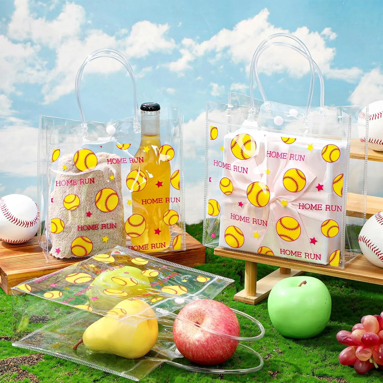 Aliceset 20 Pcs Softball Clear Gift Bag with Handles Plastic Soft Ball Goodie Sport Theme Party Favor Team Treat Bag for Birthday Team Snack, 8 x 8 x 3.15''