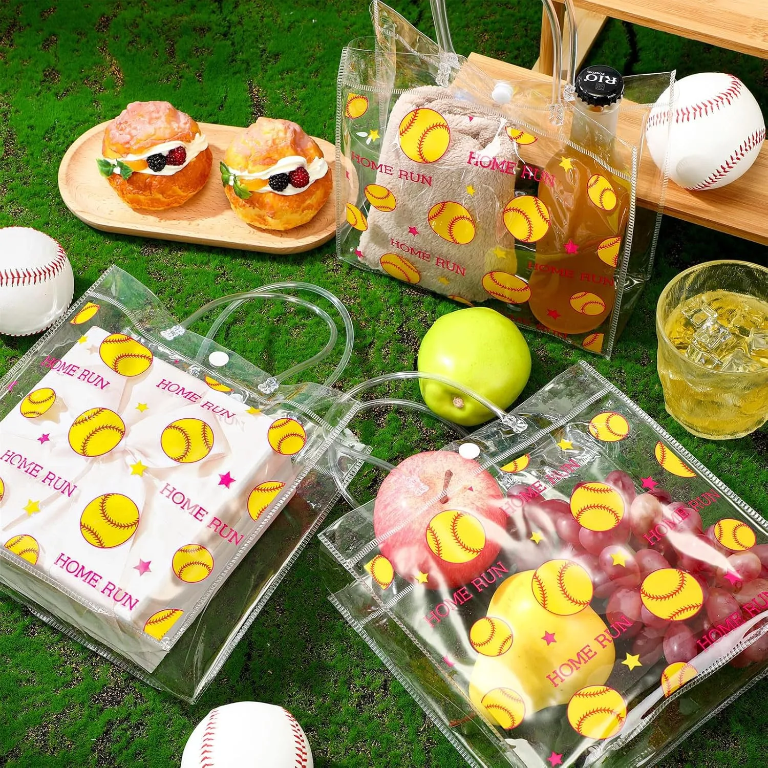 Aliceset 20 Pcs Softball Clear Gift Bag with Handles Plastic Soft Ball Goodie Sport Theme Party Favor Team Treat Bag for Birthday Team Snack, 8 x 8 x 3.15''