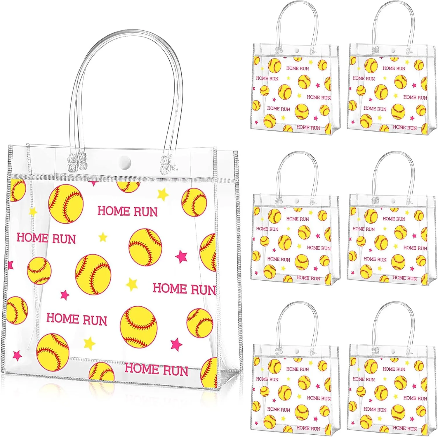 Aliceset 20 Pcs Softball Clear Gift Bag with Handles Plastic Soft Ball Goodie Sport Theme Party Favor Team Treat Bag for Birthday Team Snack, 8 x 8 x 3.15''