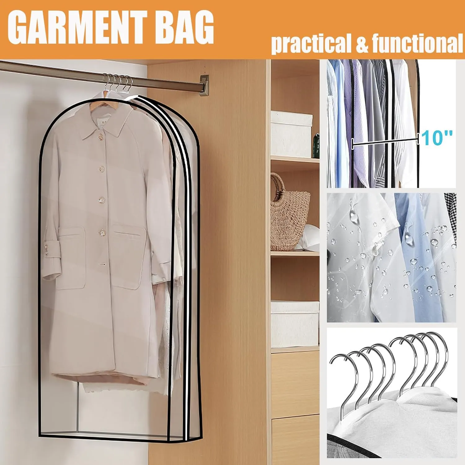 All Clear Garment Bags with Zipper for Hanging Clothes, 3Pack 10" Gusseted Plastic Clothes Storage Suit Cover for Coat, Shirt, Dress, Fur, 40" Suit Bags for Open Closet