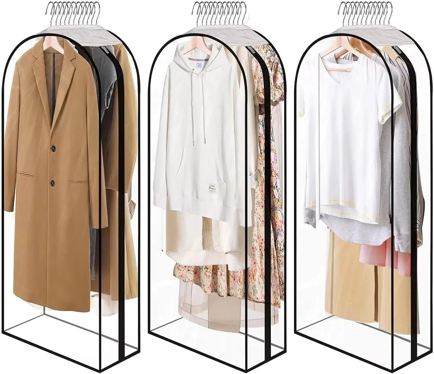 All Clear Garment Bags with Zipper for Hanging Clothes, 3Pack 10" Gusseted Plastic Clothes Storage Suit Cover for Coat, Shirt, Dress, Fur, 40" Suit Bags for Open Closet