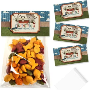 Amanda Creation Fishing Themed Happy Valentine's Day Bag Toppers for Party Favor Treat Bags, Set of 20 Bag Toppers With 20 Self-Adhesive Bags Also Included