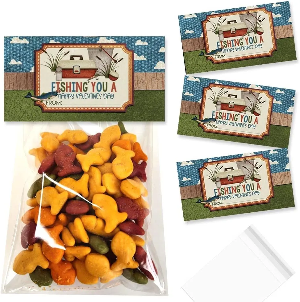 Amanda Creation Fishing Themed Happy Valentine's Day Bag Toppers for Party Favor Treat Bags, Set of 20 Bag Toppers With 20 Self-Adhesive Bags Also Included