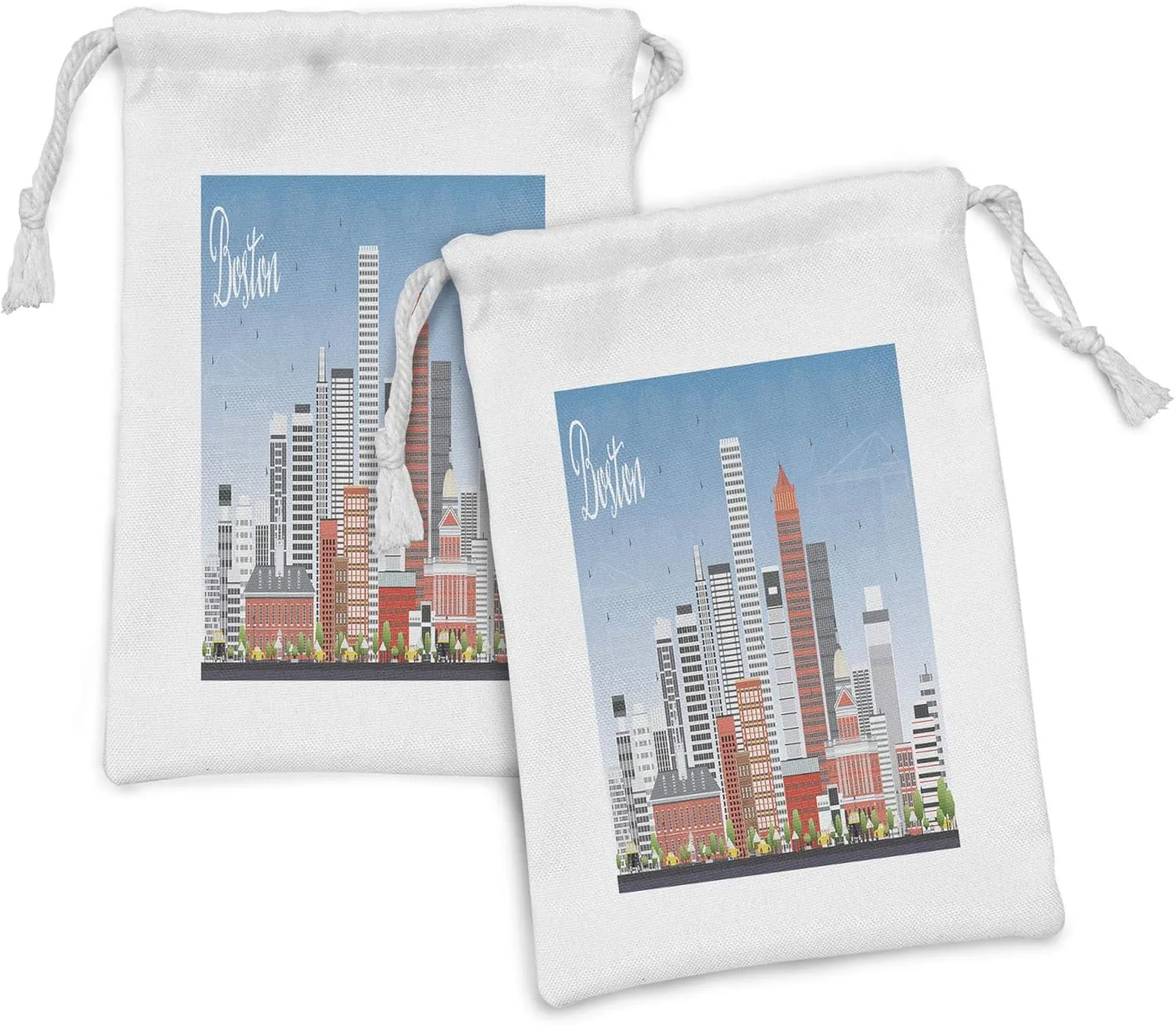 Ambesonne Boston Fabric Pouch Set of 2, Scene of Vibrant City Life Detailed Illustration of State Housend Skyscrapers, Small Drawstring Bag for Toiletries Masks and Favors, 9" x 6", Multicolor