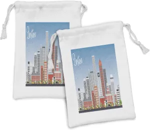 Ambesonne Boston Fabric Pouch Set of 2, Scene of Vibrant City Life Detailed Illustration of State Housend Skyscrapers, Small Drawstring Bag for Toiletries Masks and Favors, 9" x 6", Multicolor