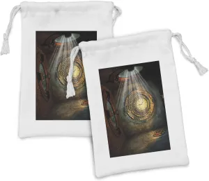 Ambesonne Fantasy Fabric Pouch Set of 2, Fantasy Scenery with Clock Dream Sky Rays from the Ceiling Fictional Artwork, Small Drawstring Bag for Toiletries Masks and Favors, 9" x 6", Brown and Teal