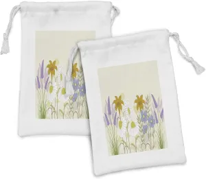 Ambesonne Floral Fabric Pouch Set of 2, Composition of Blossoming Spring Wildflowers Chamomiles and Lavenders, Small Drawstring Bag for Toiletries Masks and Favors, 9" x 6", Eggshell and Multicolor