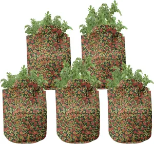 Ambesonne Floral Grow Bags 5-Pack, Spring Season Flourishes, Heavyduty Fabric Pots with Handles for Plants, Dark Green Dark Pink
