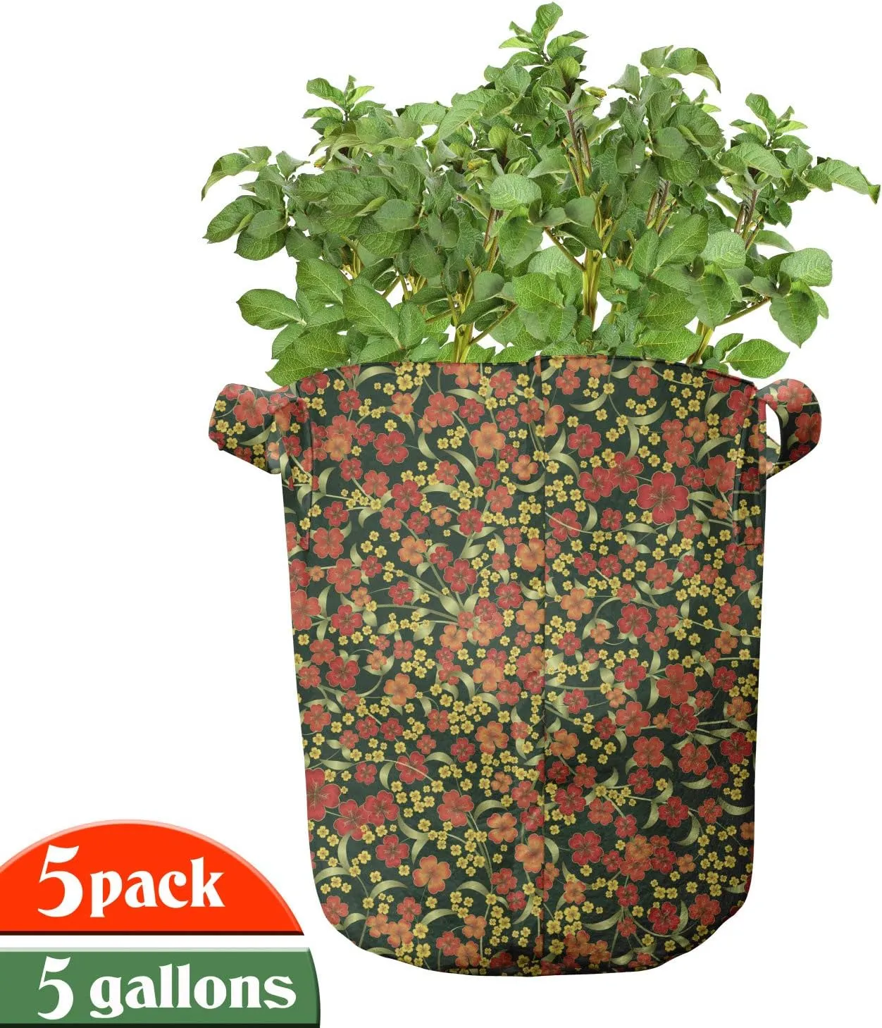 Ambesonne Floral Grow Bags 5-Pack, Spring Season Flourishes, Heavyduty Fabric Pots with Handles for Plants, Dark Green Dark Pink