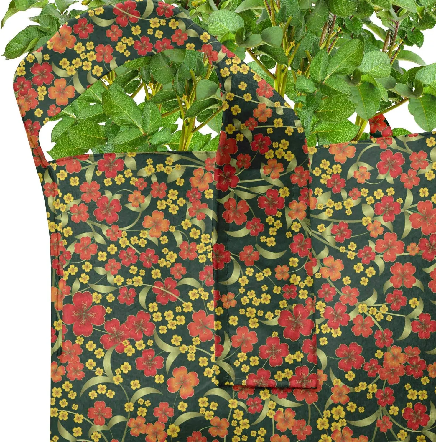 Ambesonne Floral Grow Bags 5-Pack, Spring Season Flourishes, Heavyduty Fabric Pots with Handles for Plants, Dark Green Dark Pink