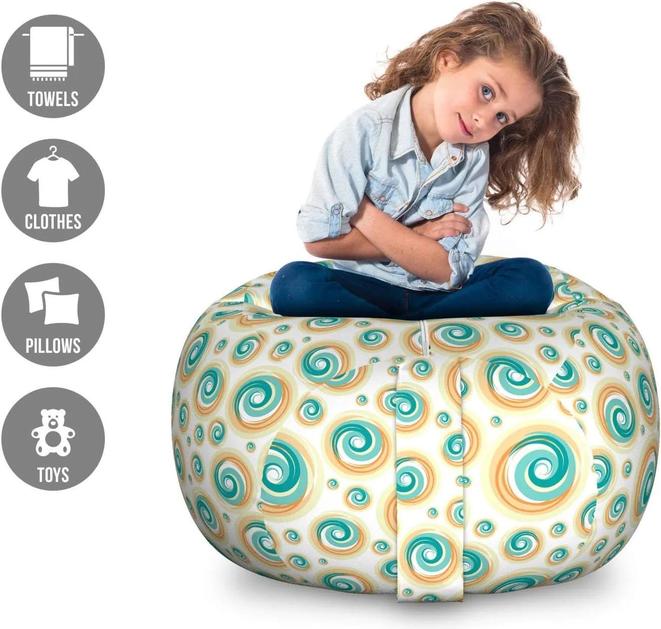 Ambesonne Geometric Circle Storage Toy Bag Chair, Trippy Paint Brush Rotary Spiral Circle Pattern Blurry Tiles Picture, Stuffed Animal Organizer Washable Bag, Large Size, Teal Orange