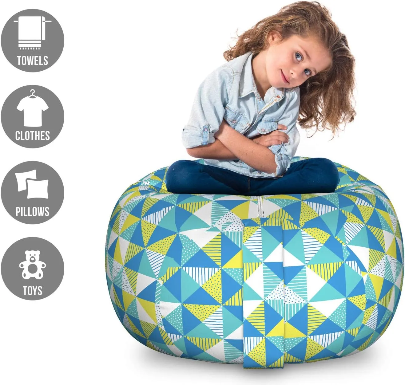 Ambesonne Geometric Storage Toy Bag Chair, Abstract Interpretation of Square Inner Dots and Lines Rectangle Hipster, Stuffed Animal Organizer Washable Bag, Large Size, Yellow Turquoise