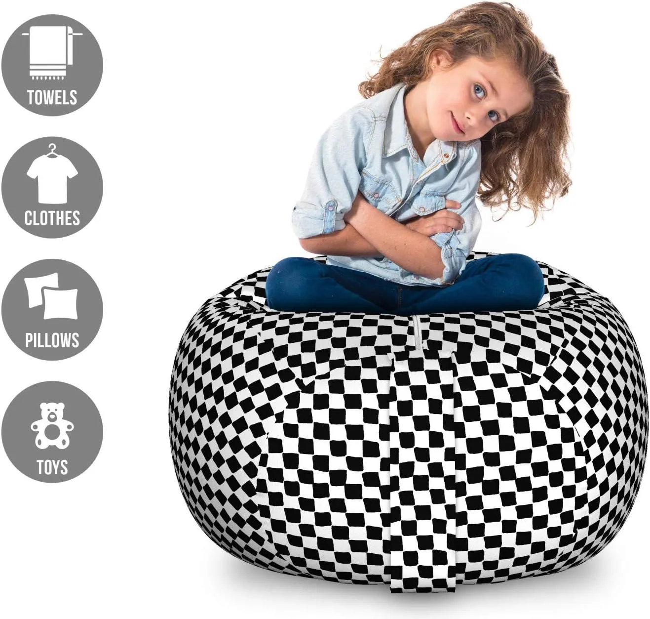 Ambesonne Mudcloth Storage Toy Bag Chair, Geometric Contemporary Style Checkered Abstract Squares Pattern Urban Design, Stuffed Animal Organizer Washable Bag, Large Size, Black White