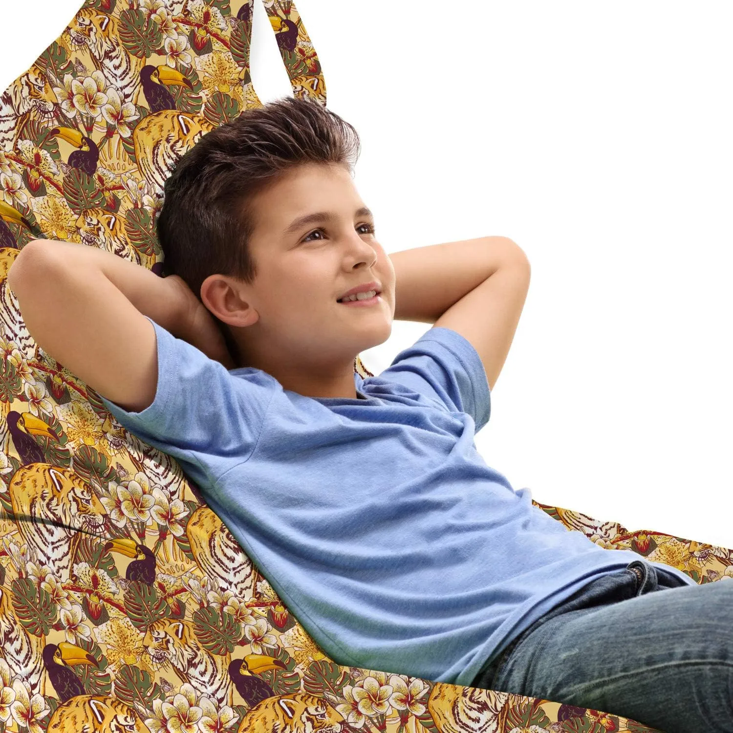 Ambesonne Tiger Lounger Chair Bag, Tropical Animals of Bengal and Toucan Harmonious Nature, High Capacity Storage with Handle Container, Lounger Size, Earth Yellow Dark Blue