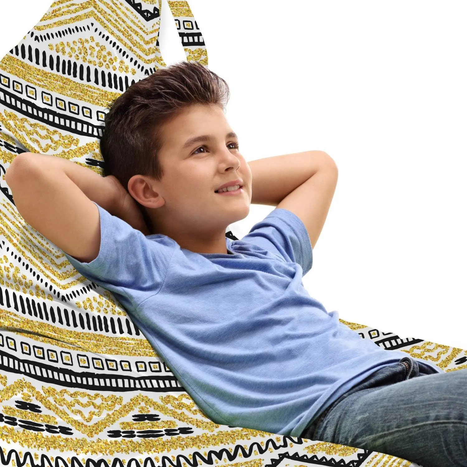Ambesonne Yellow and Black Lounger Chair Bag, Prehistoric Design with Zig Zag Lines Stripes Chevron, High Capacity Storage with Handle Container, Lounger Size, Yellow Black and White