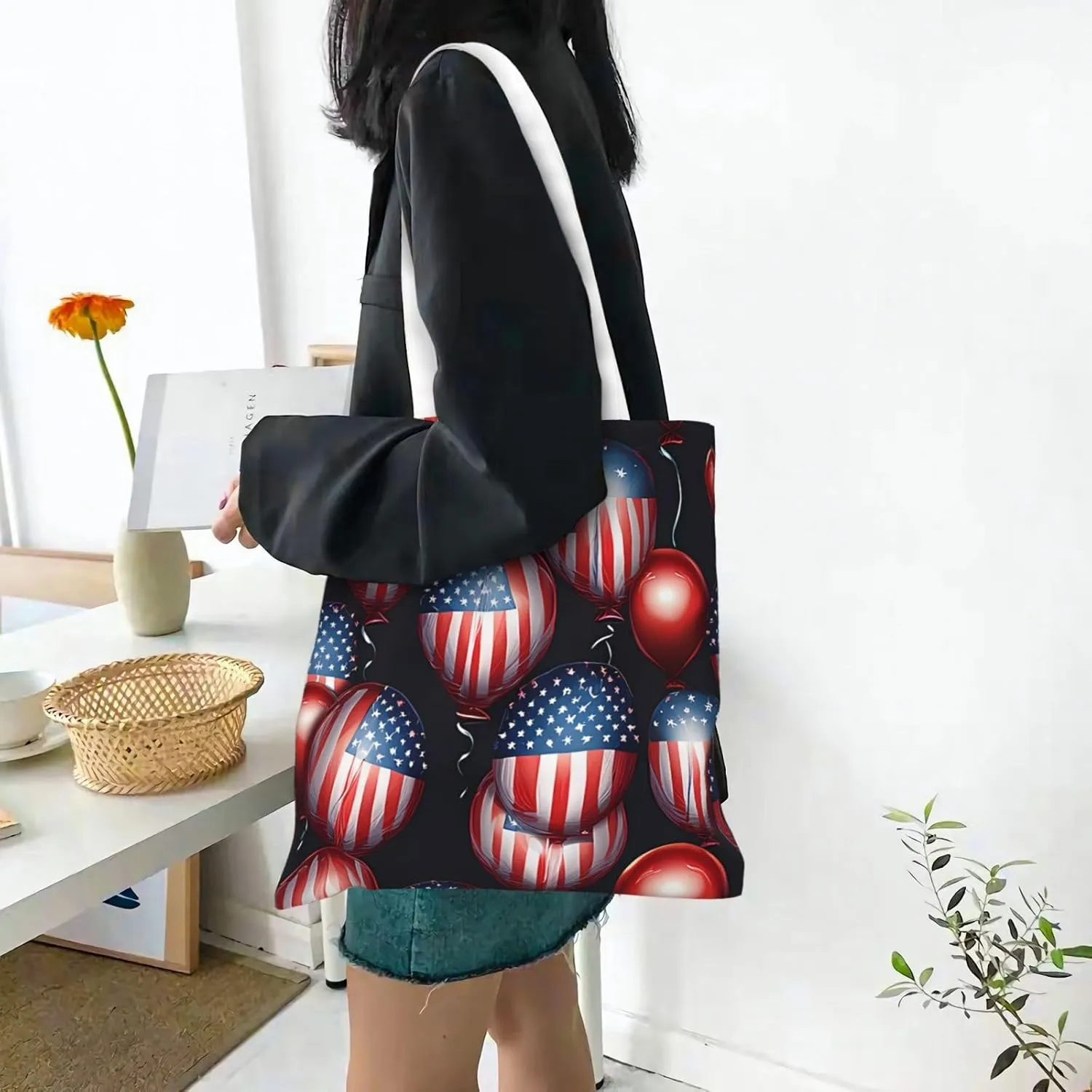 American Flag Canvas Tote Bag for Women Reusable Grocery Shoulder Bags Shopping Handbags