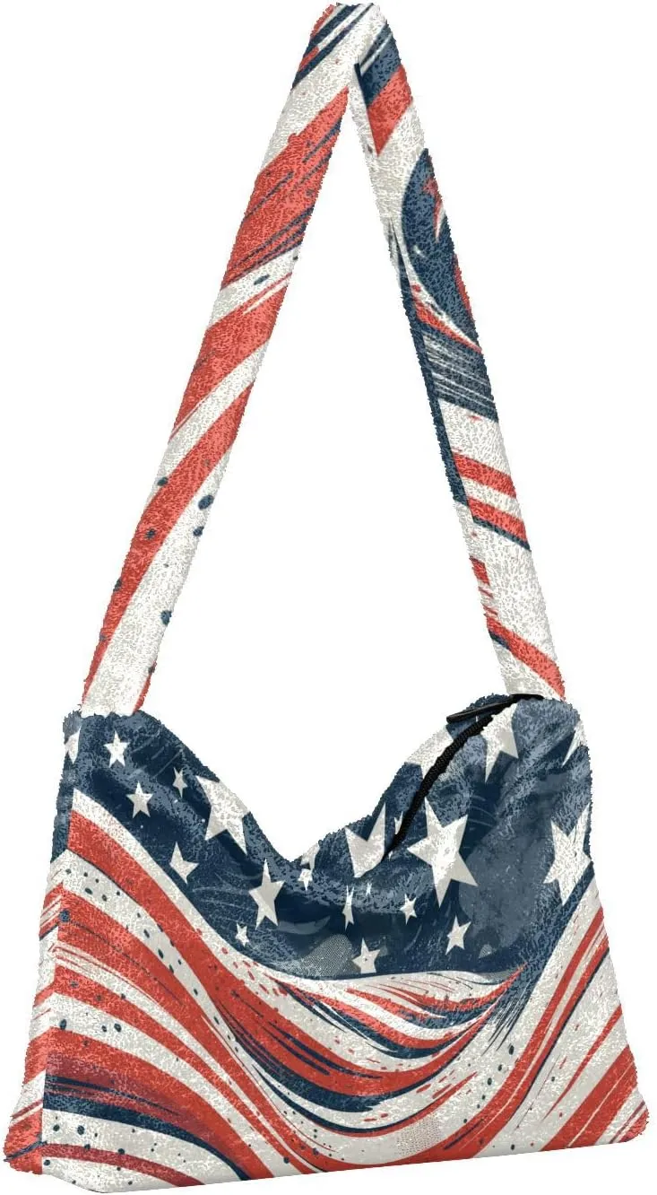 American July 4 Watermelon Creative Plush Tote Bag, Medium Shoulder Bag for Women, Autumn Handbags