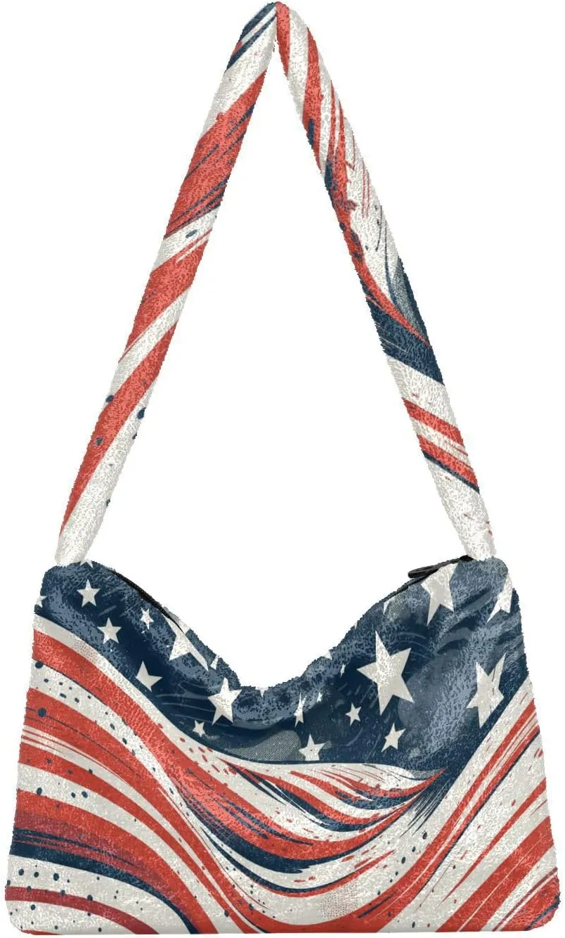 American July 4 Watermelon Creative Plush Tote Bag, Medium Shoulder Bag for Women, Autumn Handbags
