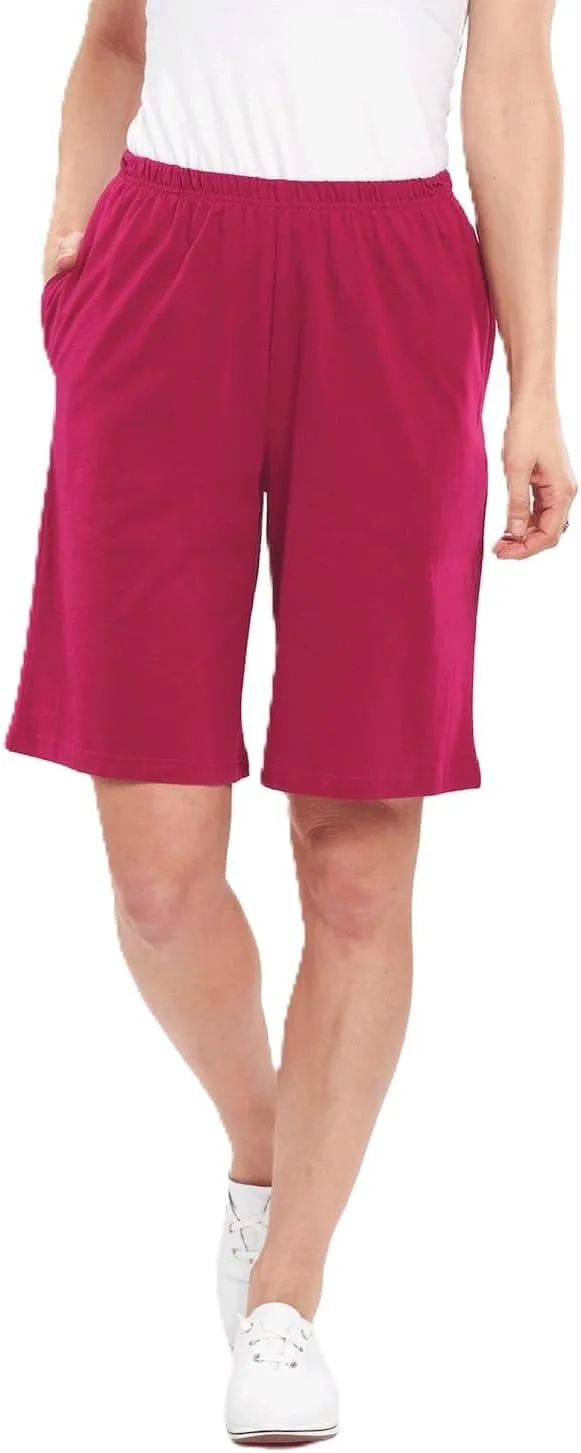 AmeriMark Women’s Full Elastic Waist Athletic Bermuda Shorts - Ladies 100% Cotton Pull-On Golf Shorts with Pockets