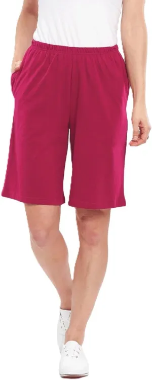 AmeriMark Women’s Full Elastic Waist Athletic Bermuda Shorts - Ladies 100% Cotton Pull-On Golf Shorts with Pockets